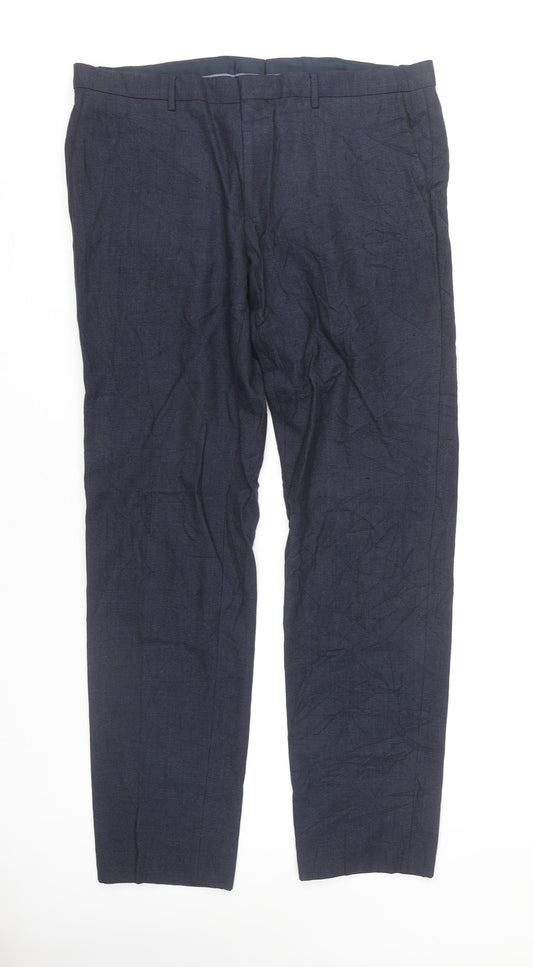 Hugo Boss Men's Blue Check Wool Blend Dress Trousers L 36W 32L