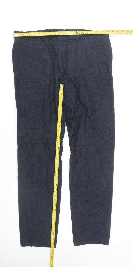 Hugo Boss Men's Blue Check Wool Blend Dress Trousers L 36W 32L