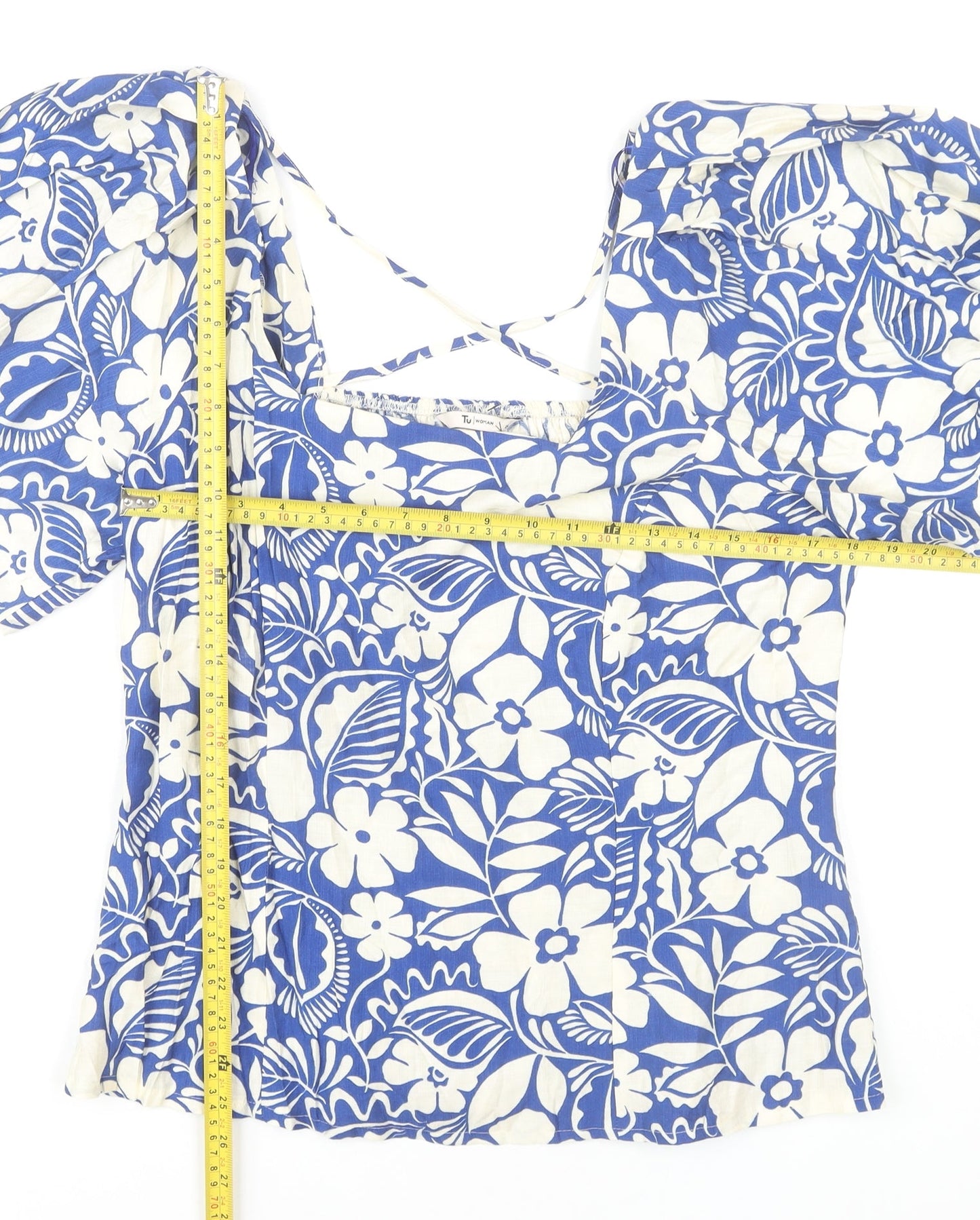 Tu Women’s Blue Floral Peasant Blouse Size 20 Puff Sleeve Summer Top