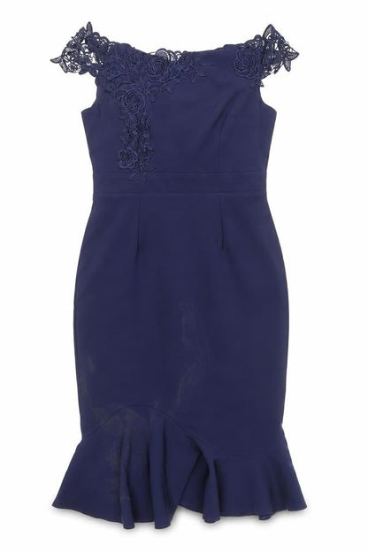 Little Mistress Women’s Blue UK12 Bodycon Lace Off-Shoulder Dress