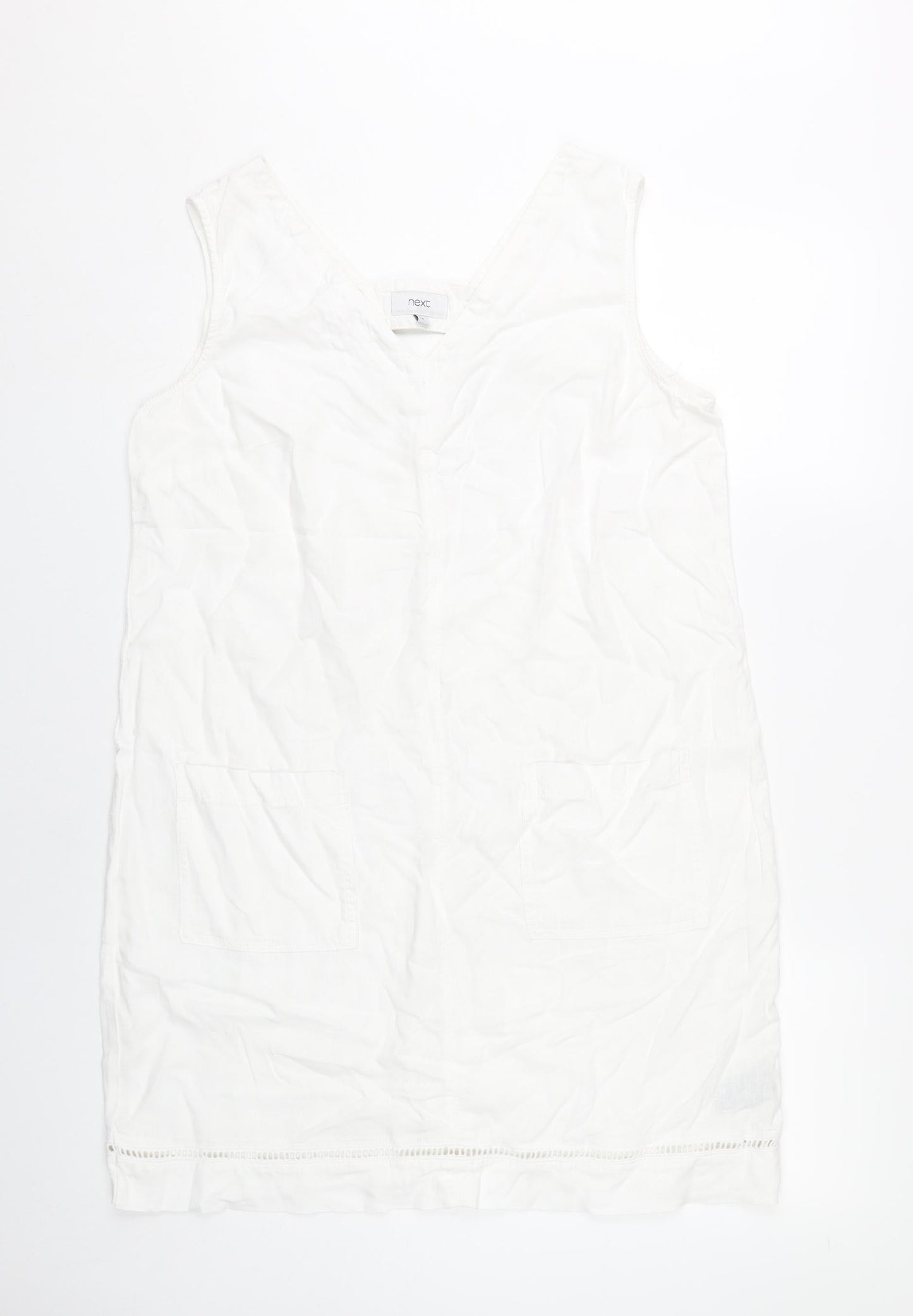 Next Women’s White Linen Viscose Knee Length Sleeveless Shift Dress Size 14