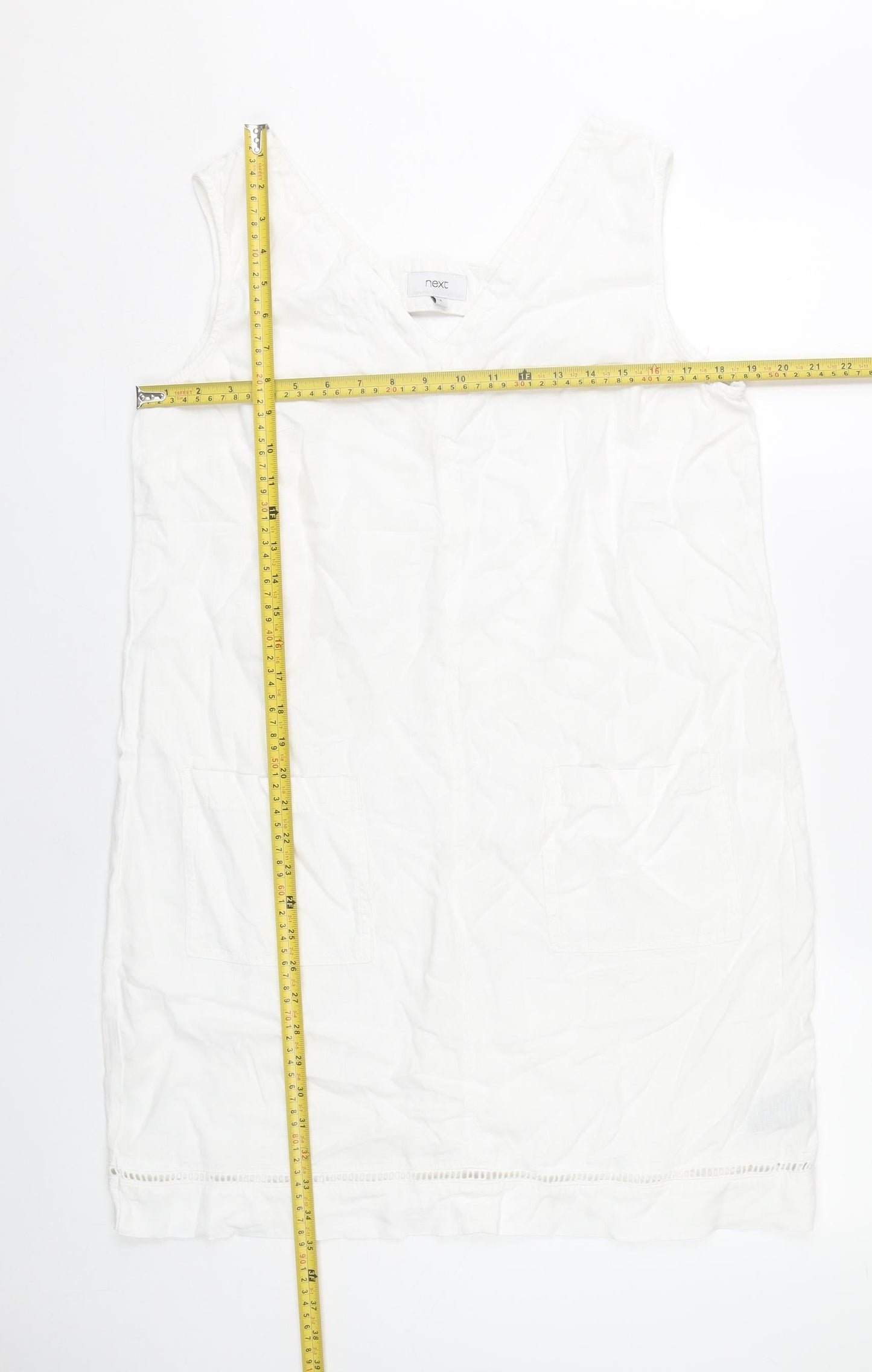 Next Women’s White Linen Viscose Knee Length Sleeveless Shift Dress Size 14