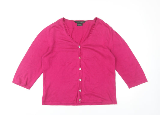 Laura Ashley Women's Pink M V-Neck Cotton Cardigan 3/4 Sleeve