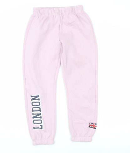 Zara Girls Pink Sweatpants 11-12 Years London Print Fleece Elastic Waist