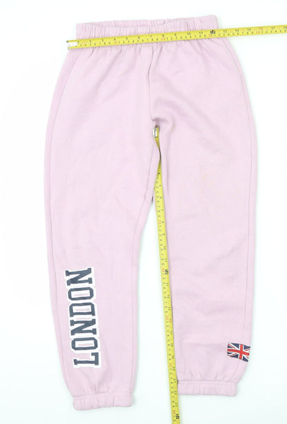 Zara Girls Pink Sweatpants 11-12 Years London Print Fleece Elastic Waist