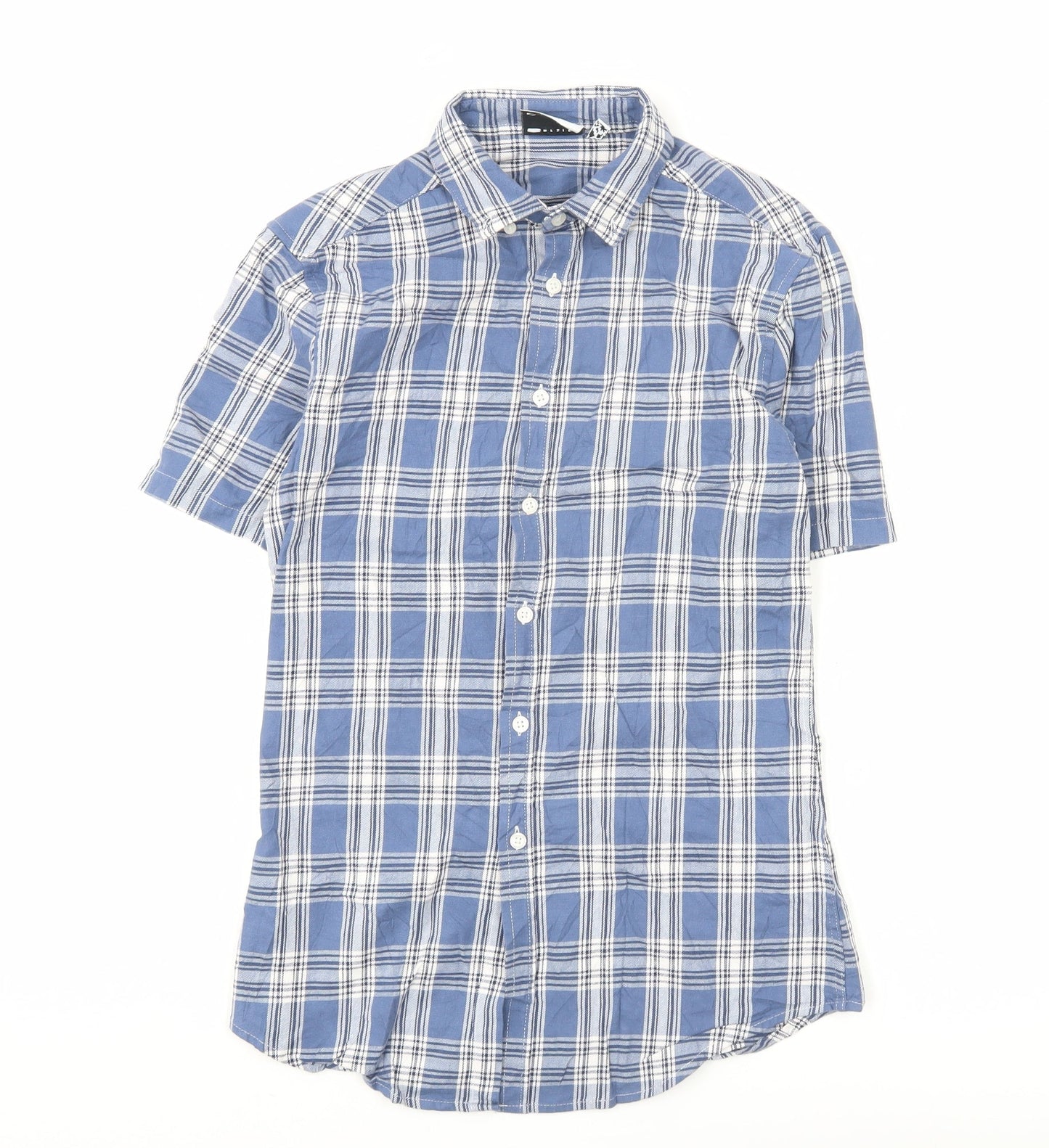 ASOS DESIGN Men's Blue Check Woven Short Sleeve 2XS Button-Up Shirt