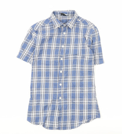 ASOS DESIGN Men's Blue Check Woven Short Sleeve 2XS Button-Up Shirt