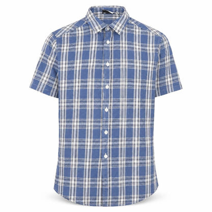 Front view of ASOS DESIGN Men's Blue Check Woven Short Sleeve 2XS Button-Up Shirt
