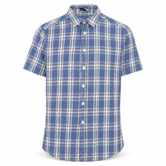 Front view of ASOS DESIGN Men's Blue Check Woven Short Sleeve 2XS Button-Up Shirt