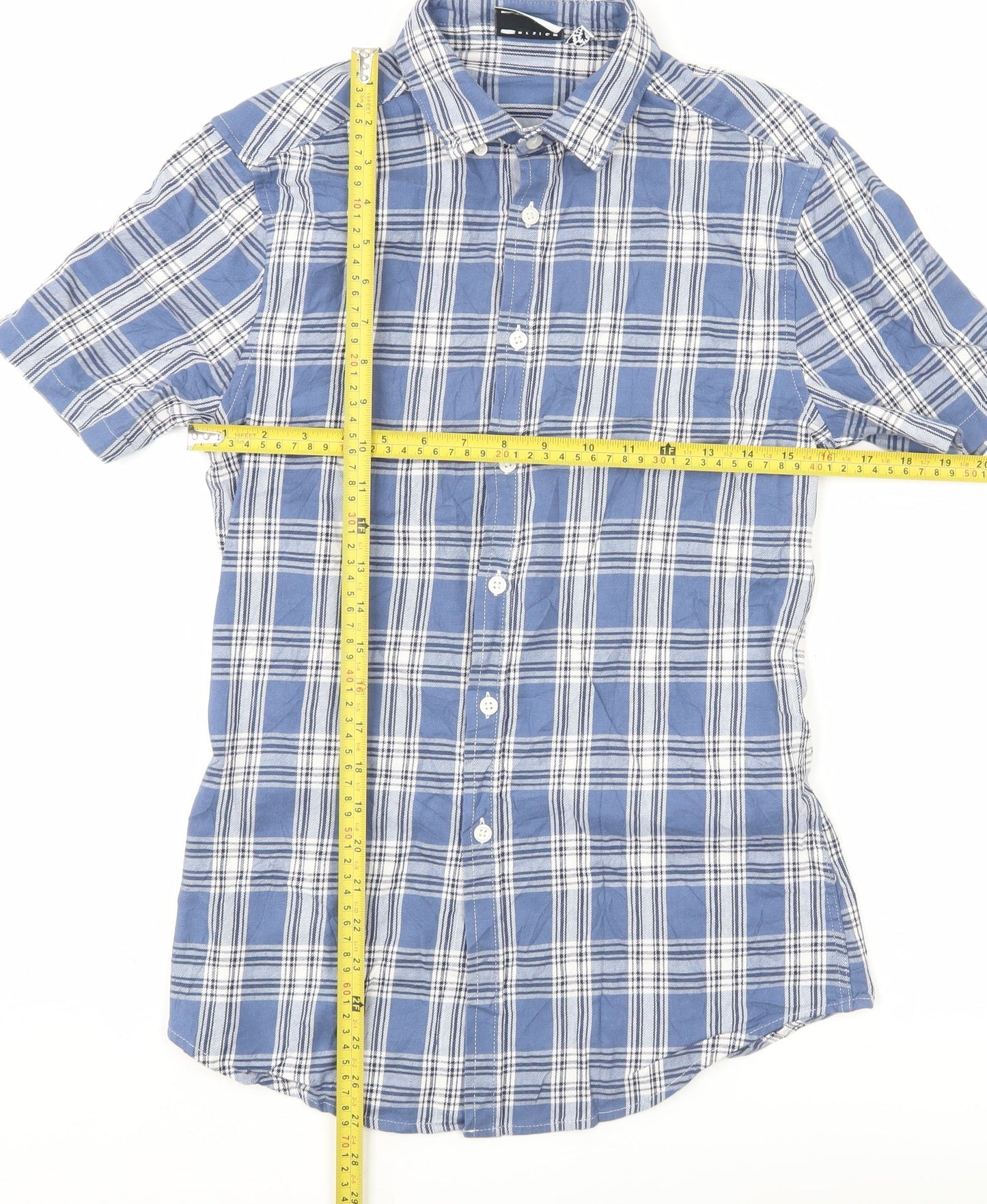ASOS DESIGN Men's Blue Check Woven Short Sleeve 2XS Button-Up Shirt