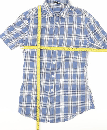 ASOS DESIGN Men's Blue Check Woven Short Sleeve 2XS Button-Up Shirt