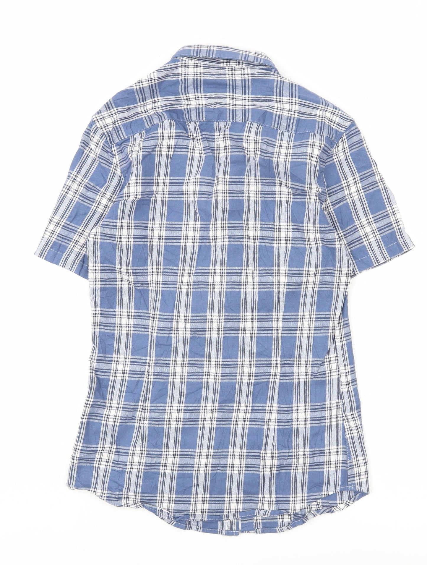 ASOS DESIGN Men's Blue Check Woven Short Sleeve 2XS Button-Up Shirt