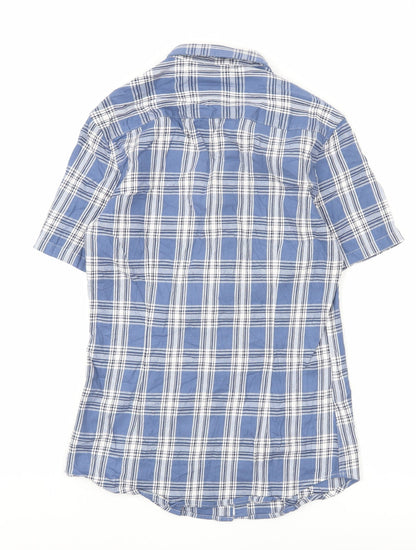 ASOS DESIGN Men's Blue Check Woven Short Sleeve 2XS Button-Up Shirt