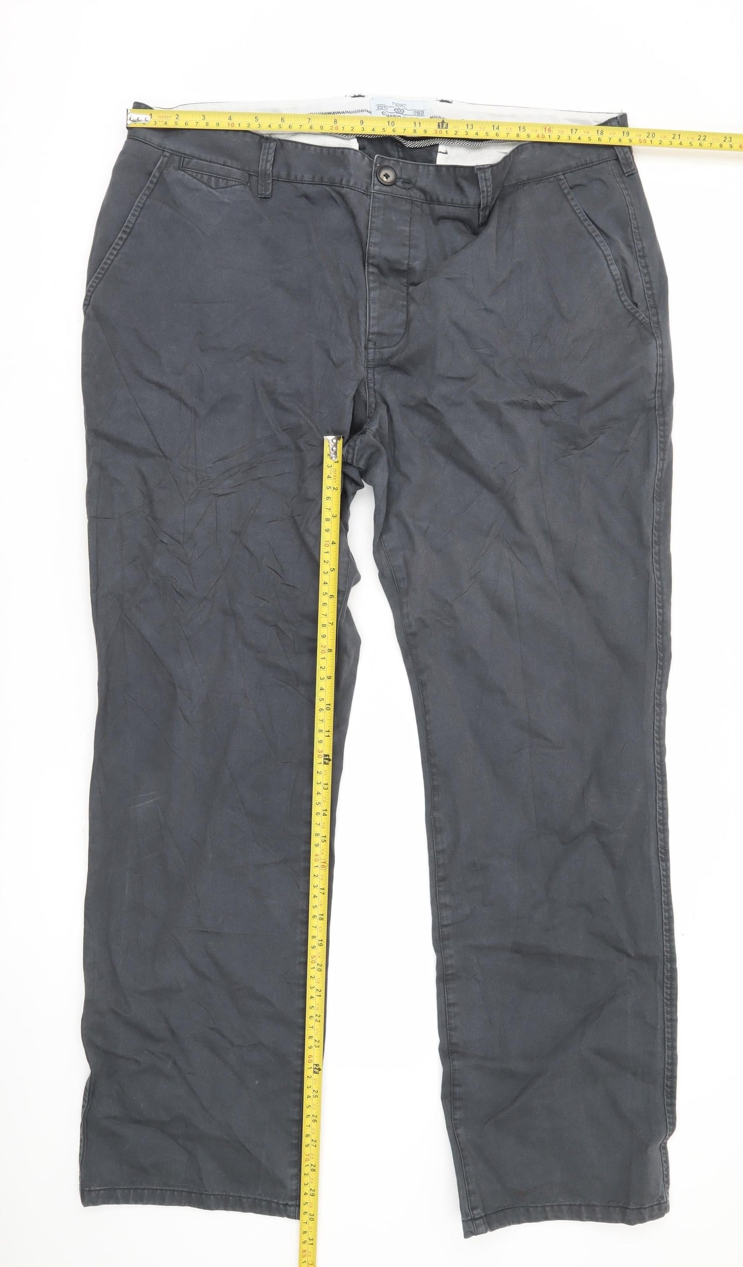 Next Men's Black Classic Chino Trousers 40L Straight Leg Cotton