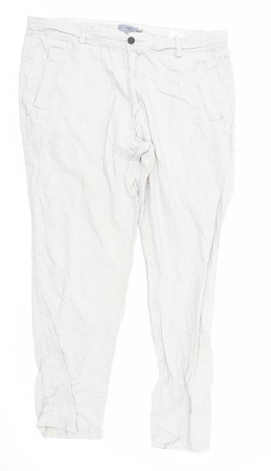 Marks and Spencer Men's Beige Slim Fit Casual Linen Blend Trousers 38W 31L