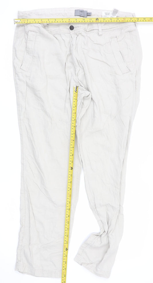 Marks and Spencer Men's Beige Slim Fit Casual Linen Blend Trousers 38W 31L