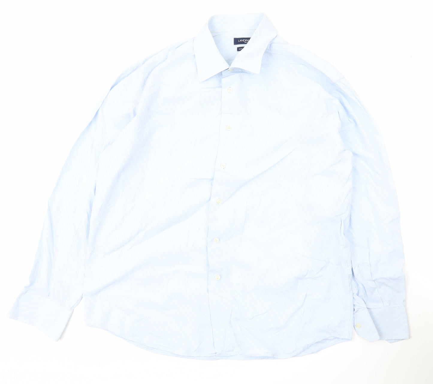 Landini Men’s Blue Striped 100% Cotton Long Sleeve 17 Button-Up Shirt