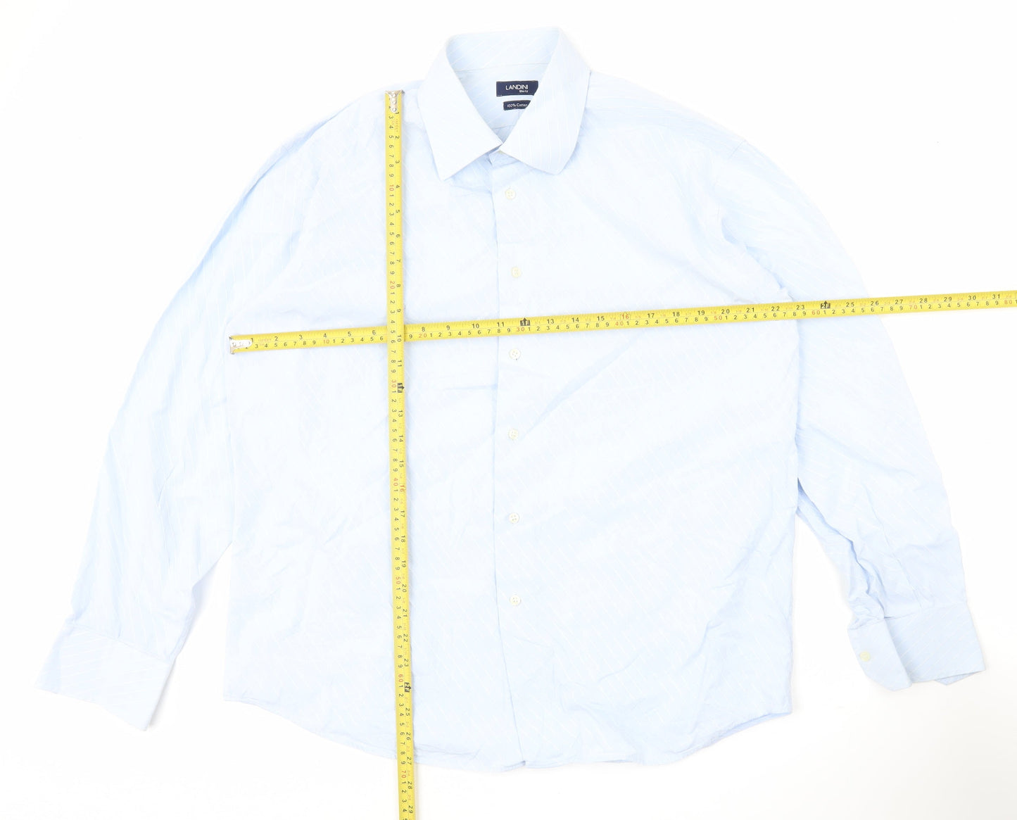 Landini Men’s Blue Striped 100% Cotton Long Sleeve 17 Button-Up Shirt