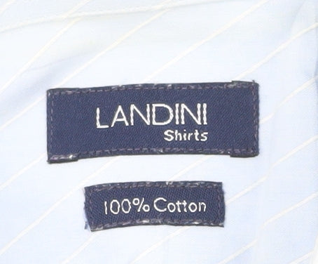 Landini Men’s Blue Striped 100% Cotton Long Sleeve 17 Button-Up Shirt