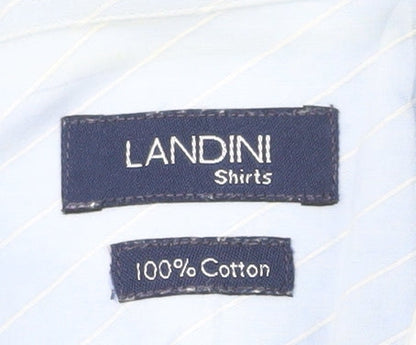 Landini Men’s Blue Striped 100% Cotton Long Sleeve 17 Button-Up Shirt