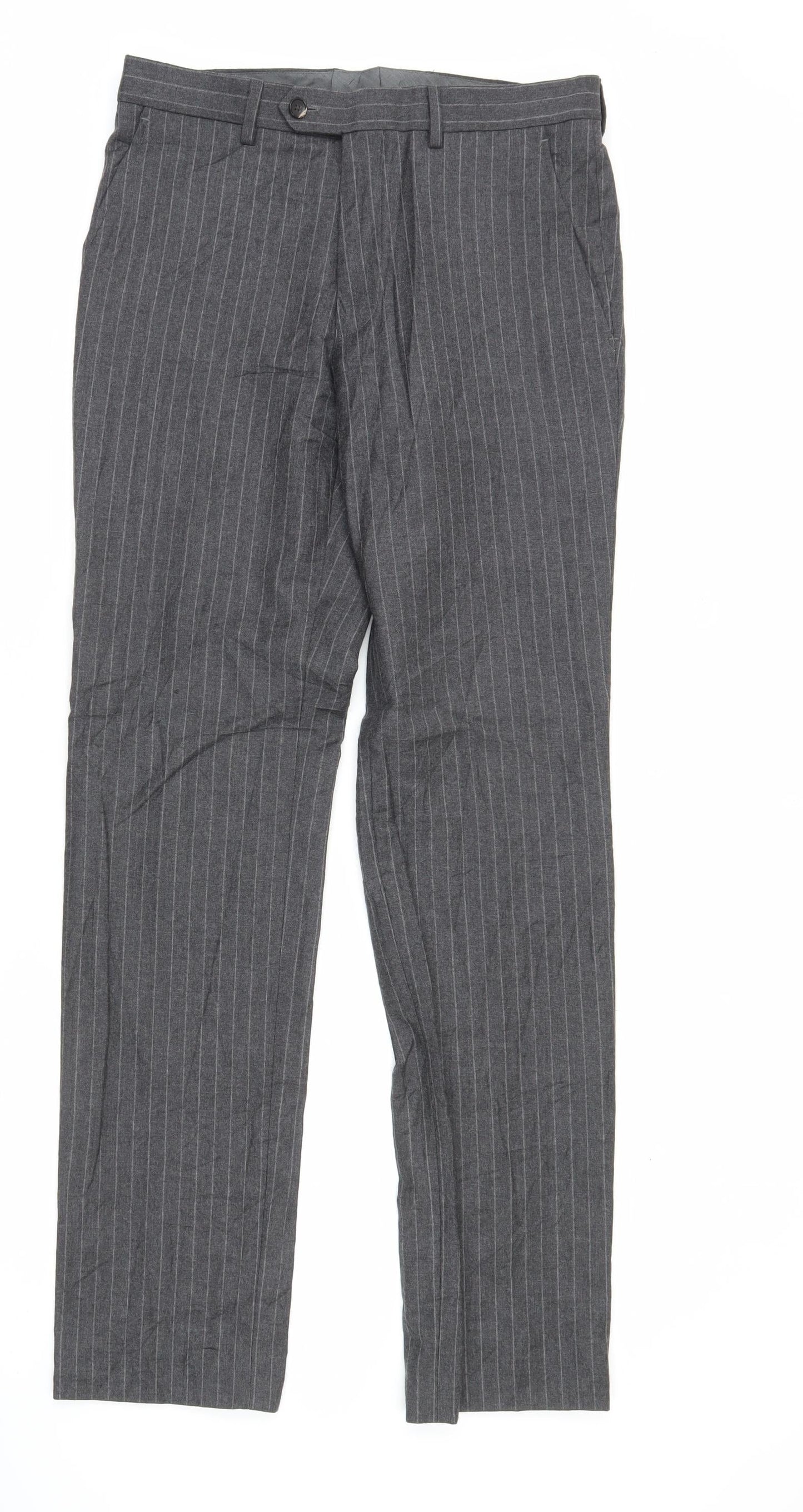 Next Men's Grey Pinstripe Wool Dress Trousers 30x33 Straight Leg