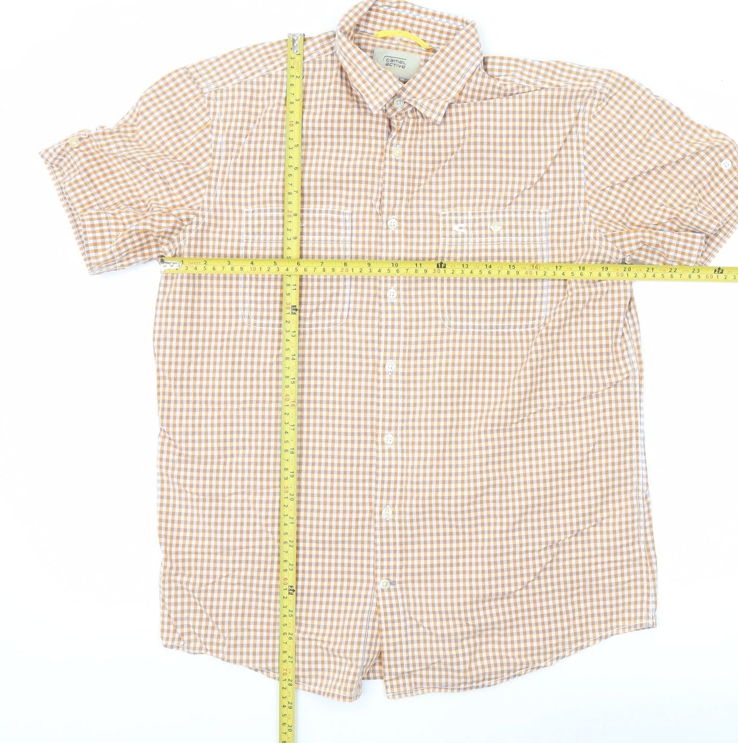 Camel Active Men's Orange Check Cotton Short Sleeve Button-Up Shirt M