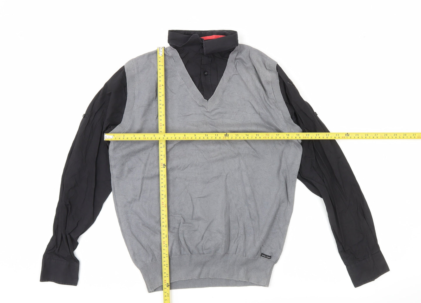Guide London Mens Grey Black Large Cotton V-Neck Knit Button-Up Shirt