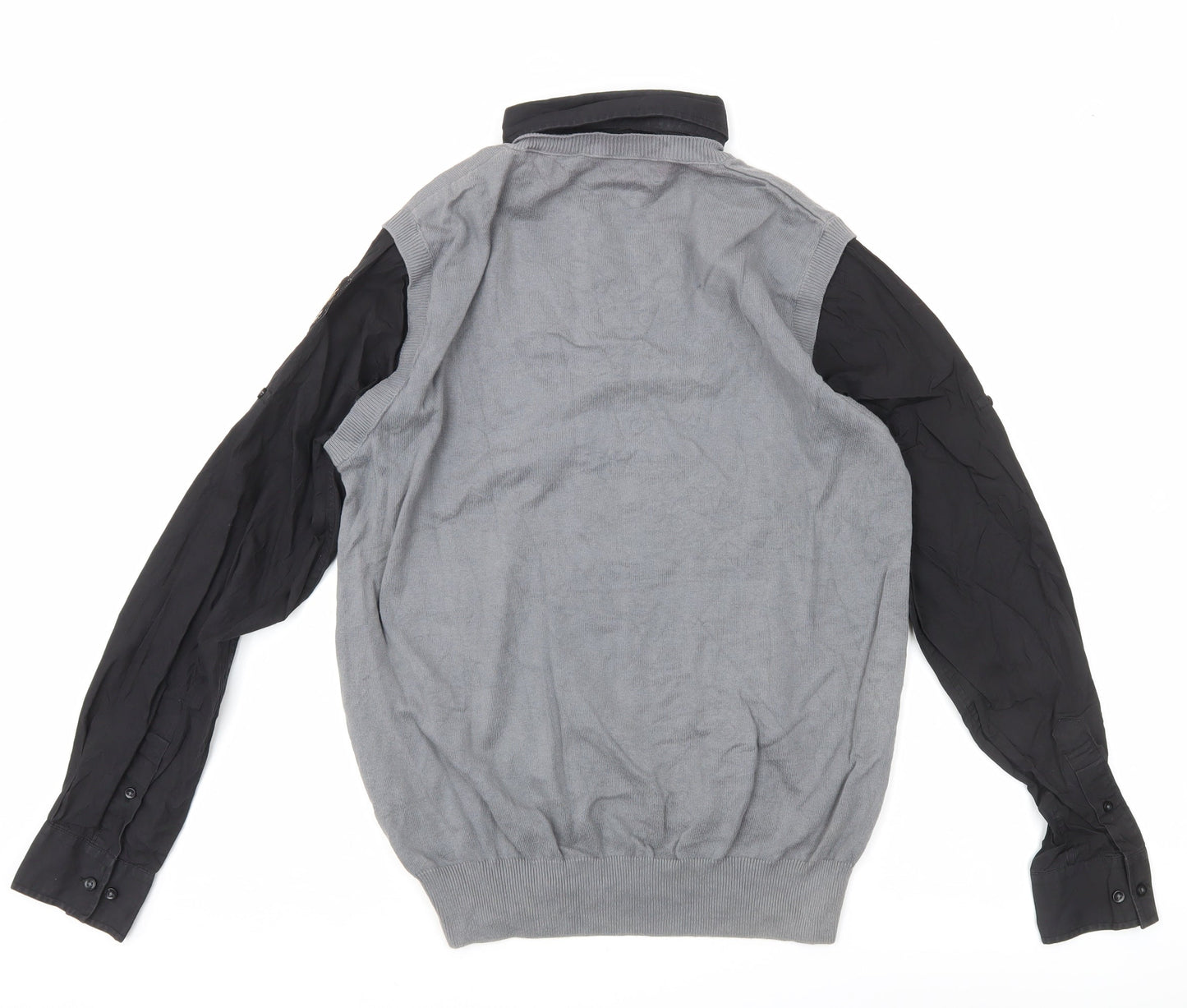 Guide London Mens Grey Black Large Cotton V-Neck Knit Button-Up Shirt