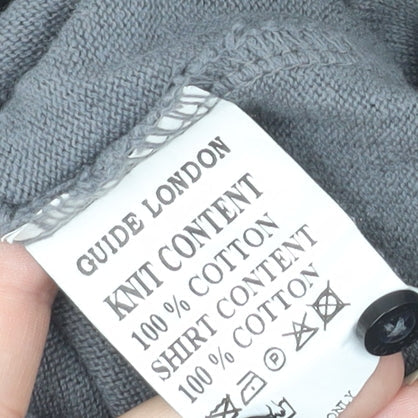 Guide London Mens Grey Black Large Cotton V-Neck Knit Button-Up Shirt