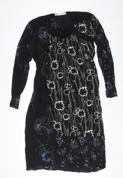 Zara Women Black Floral Midi Wrap Dress S Long Sleeve Autumn Winter