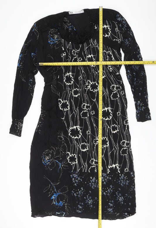 Zara Women Black Floral Midi Wrap Dress S Long Sleeve Autumn Winter