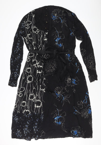 Zara Women Black Floral Midi Wrap Dress S Long Sleeve Autumn Winter