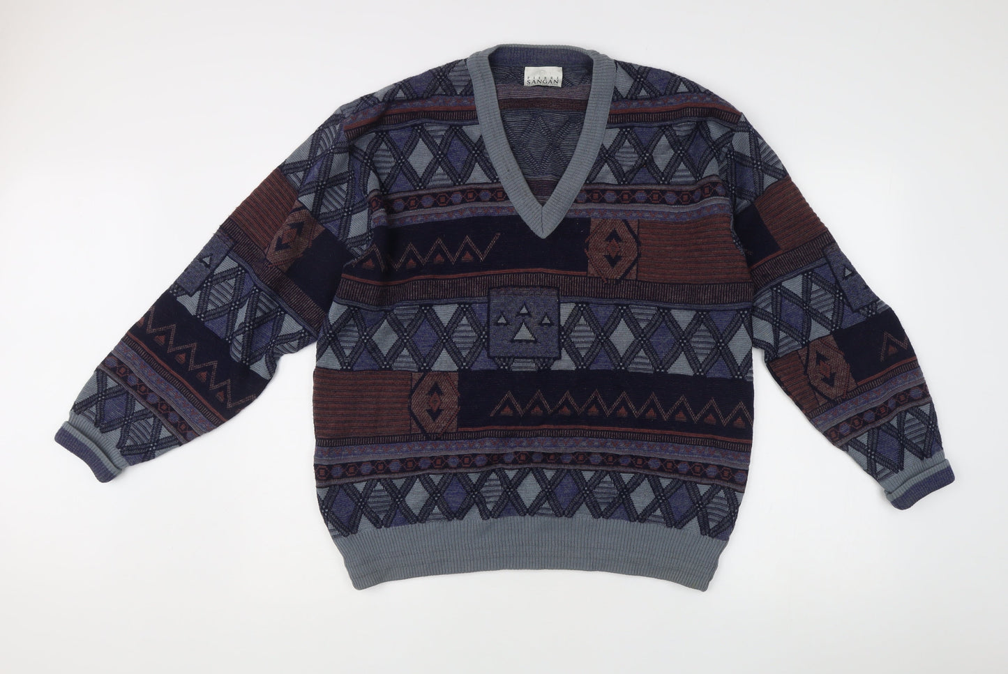 Pierre Sangan Men's Multicoloured Geometric Wool Blend V-Neck Jumper L