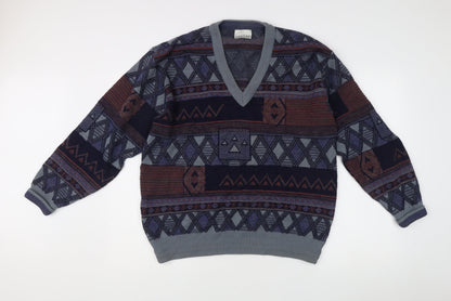 Pierre Sangan Men's Multicoloured Geometric Wool Blend V-Neck Jumper L