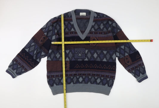 Pierre Sangan Men's Multicoloured Geometric Wool Blend V-Neck Jumper L