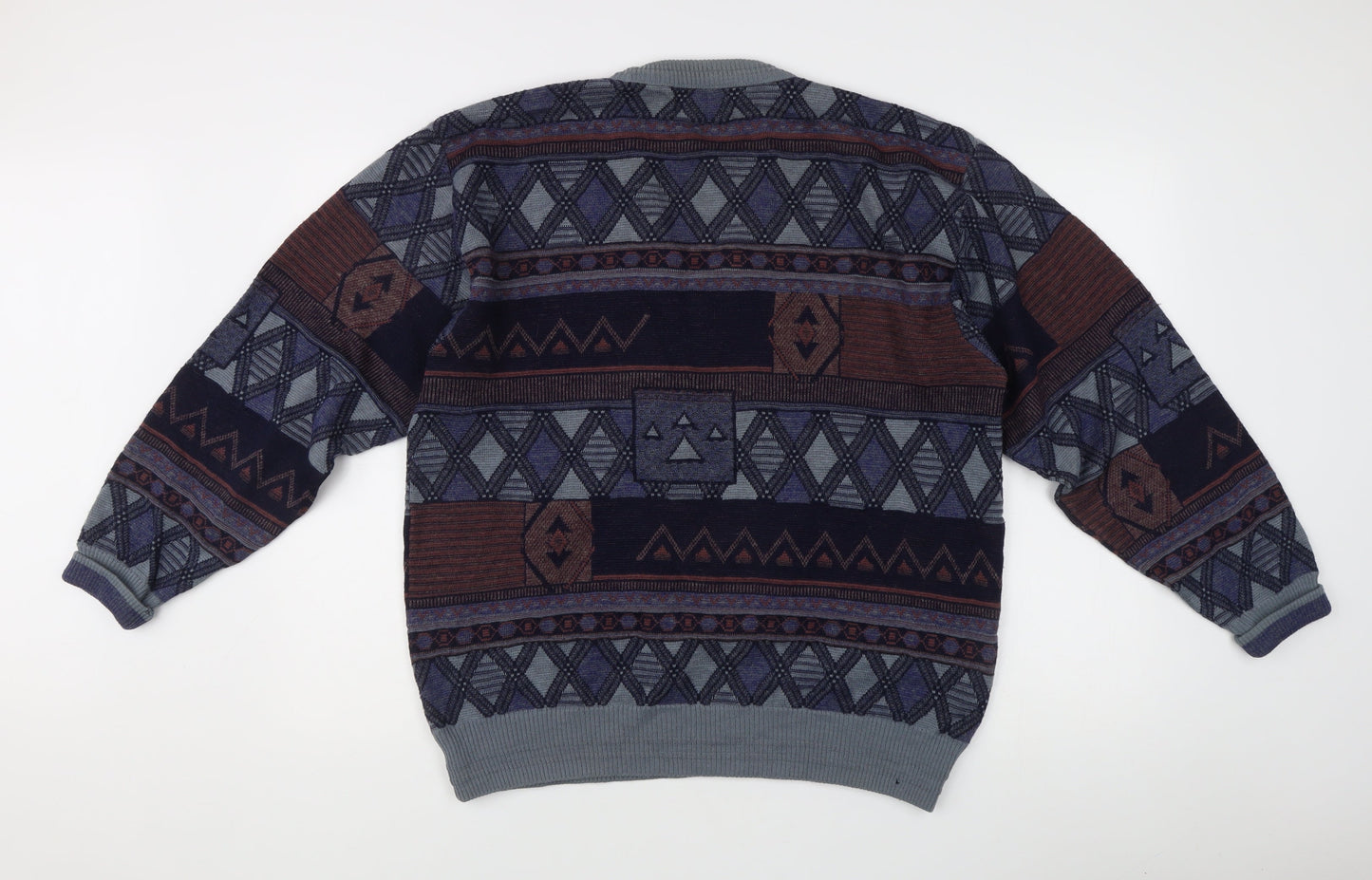 Pierre Sangan Men's Multicoloured Geometric Wool Blend V-Neck Jumper L