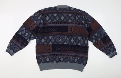 Pierre Sangan Men's Multicoloured Geometric Wool Blend V-Neck Jumper L