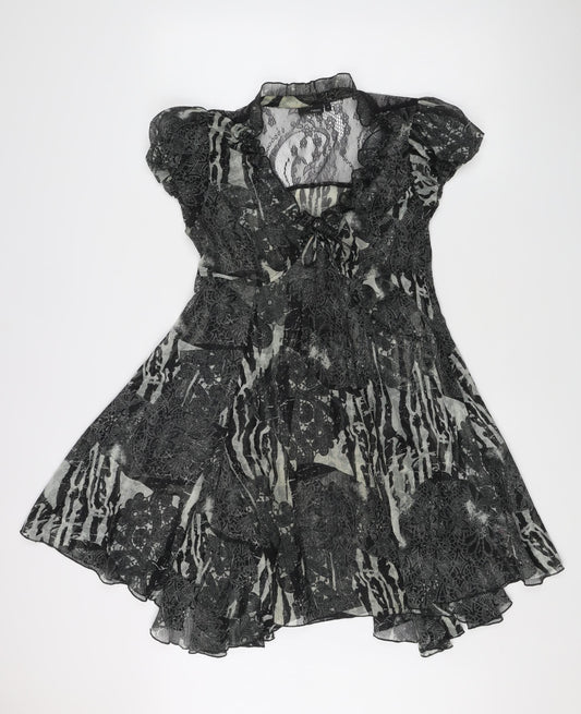 Next Women’s Black Floral Hi-Low Fit & Flare Dress UK 10 Puff Sleeve