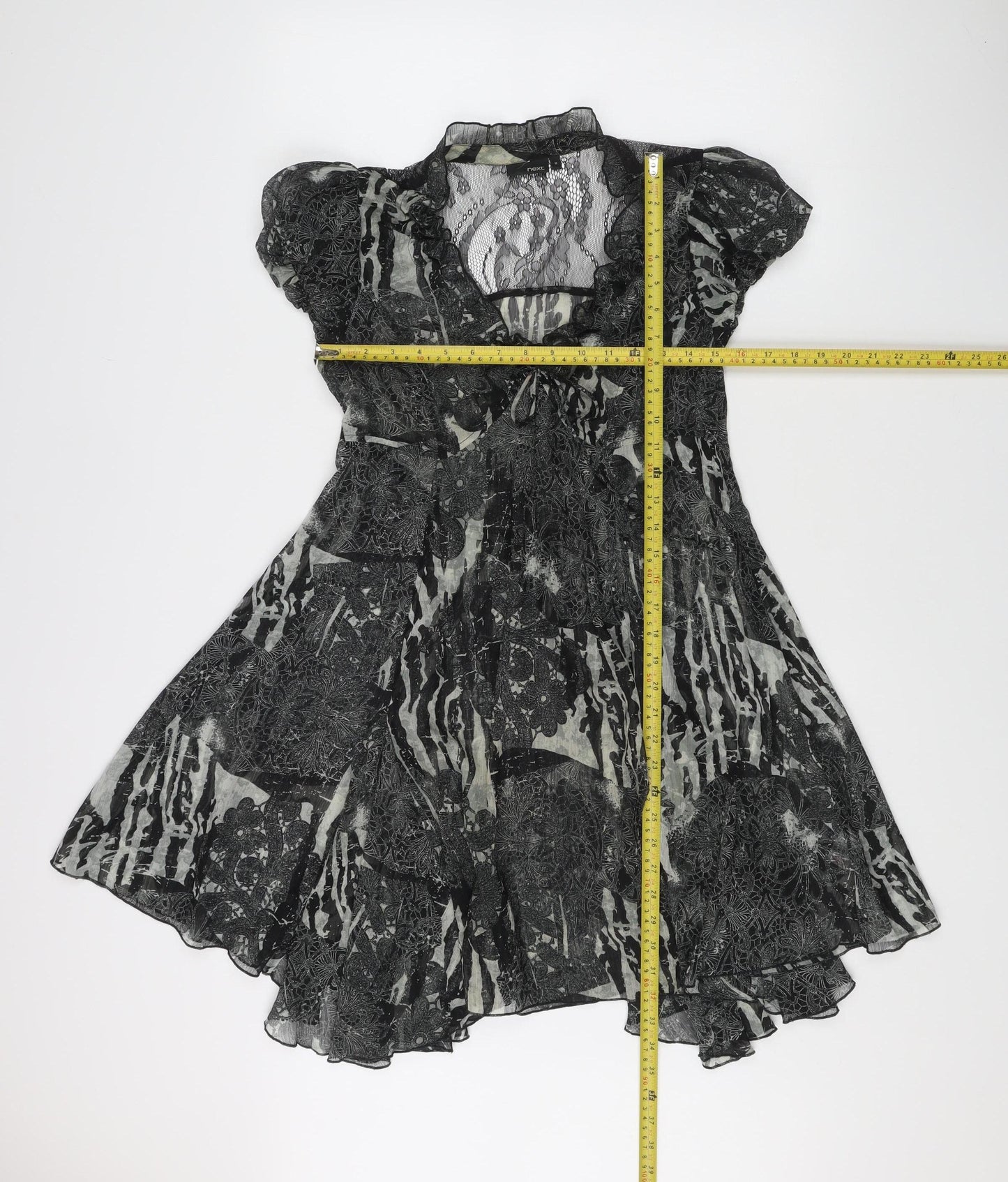 Next Women’s Black Floral Hi-Low Fit & Flare Dress UK 10 Puff Sleeve