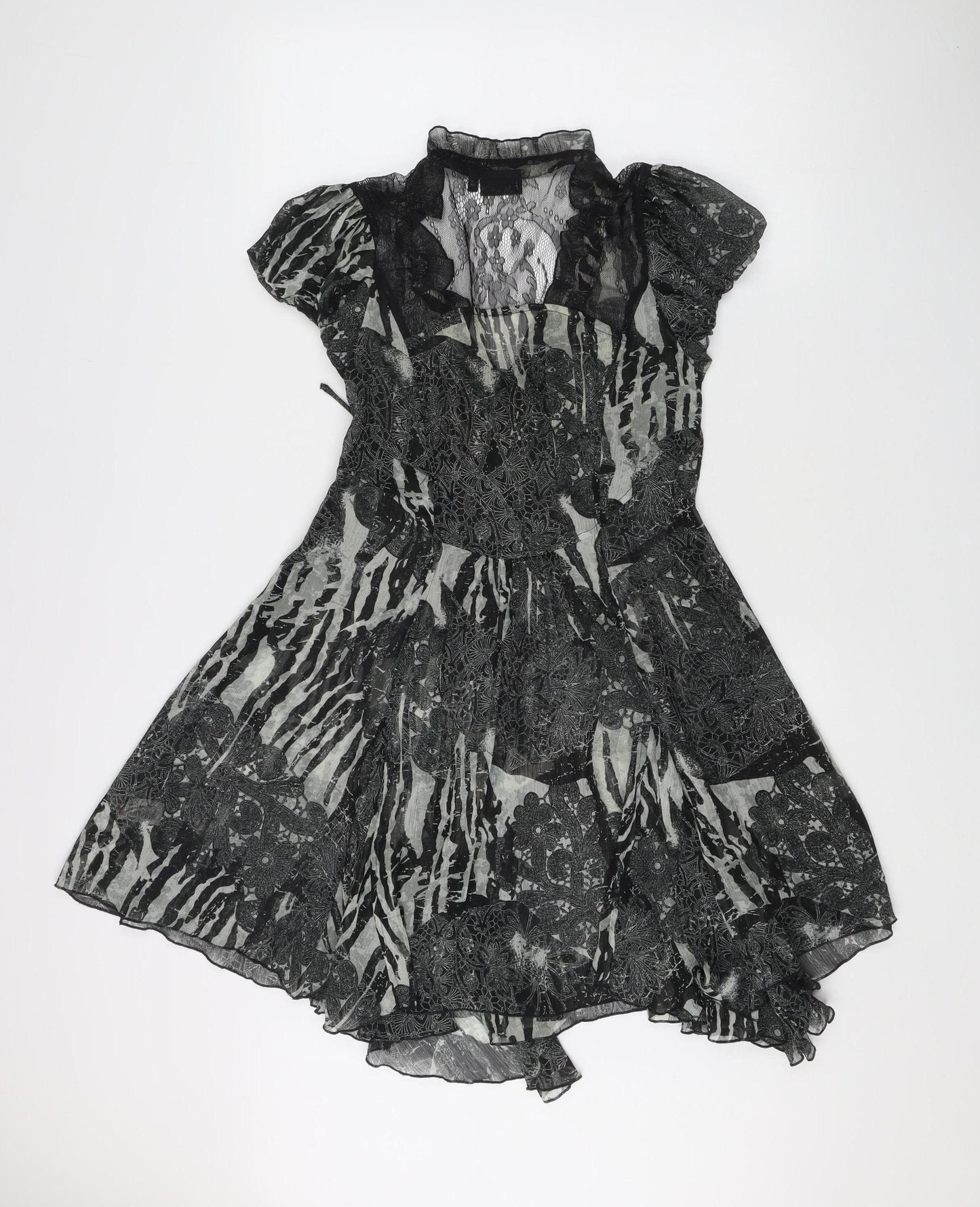 Next Women’s Black Floral Hi-Low Fit & Flare Dress UK 10 Puff Sleeve