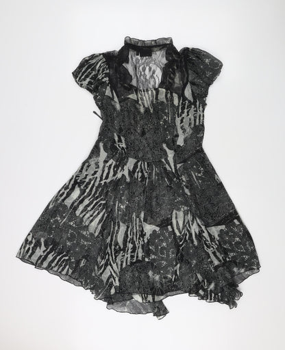 Next Women’s Black Floral Hi-Low Fit & Flare Dress UK 10 Puff Sleeve