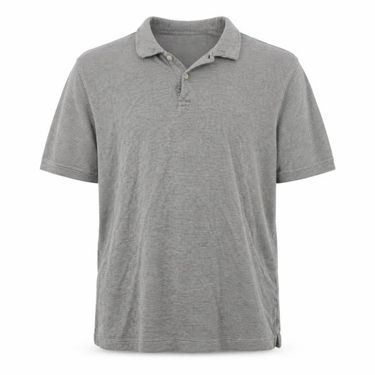 Front view of Fraser men’s grey striped polo shirt xl short sleeve casual top