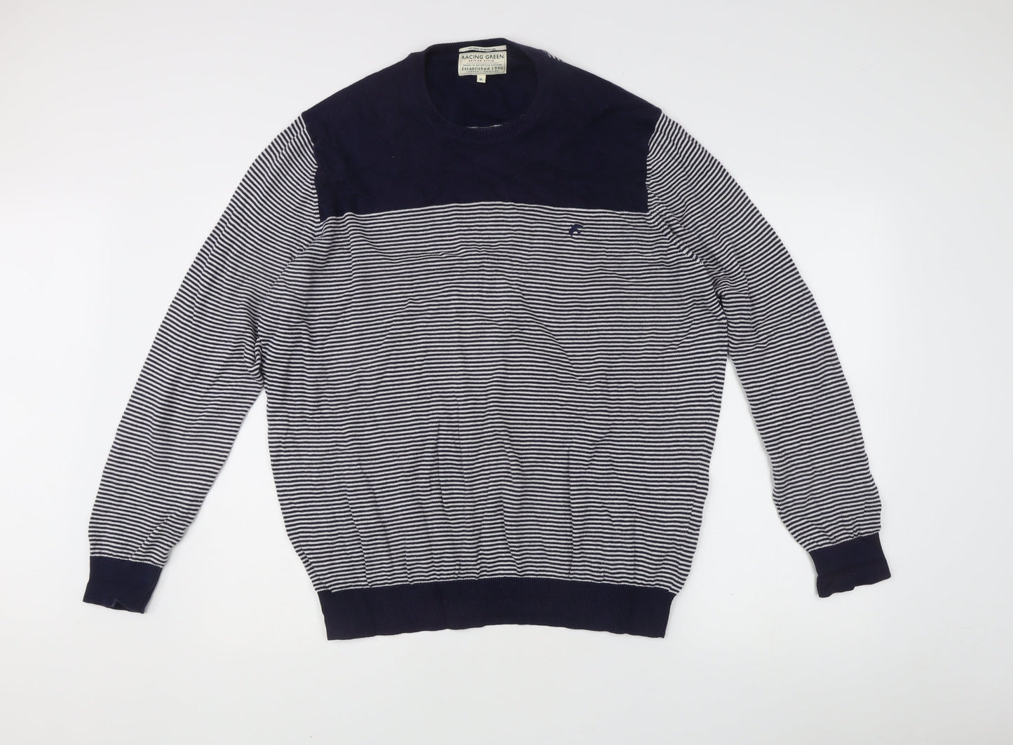 Racing Green Men's Blue Striped XL Crew Neck Cotton Knit Jumper