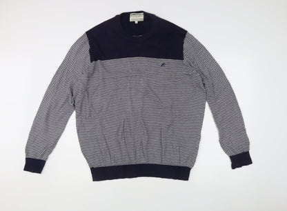 Racing Green Men's Blue Striped XL Crew Neck Cotton Knit Jumper