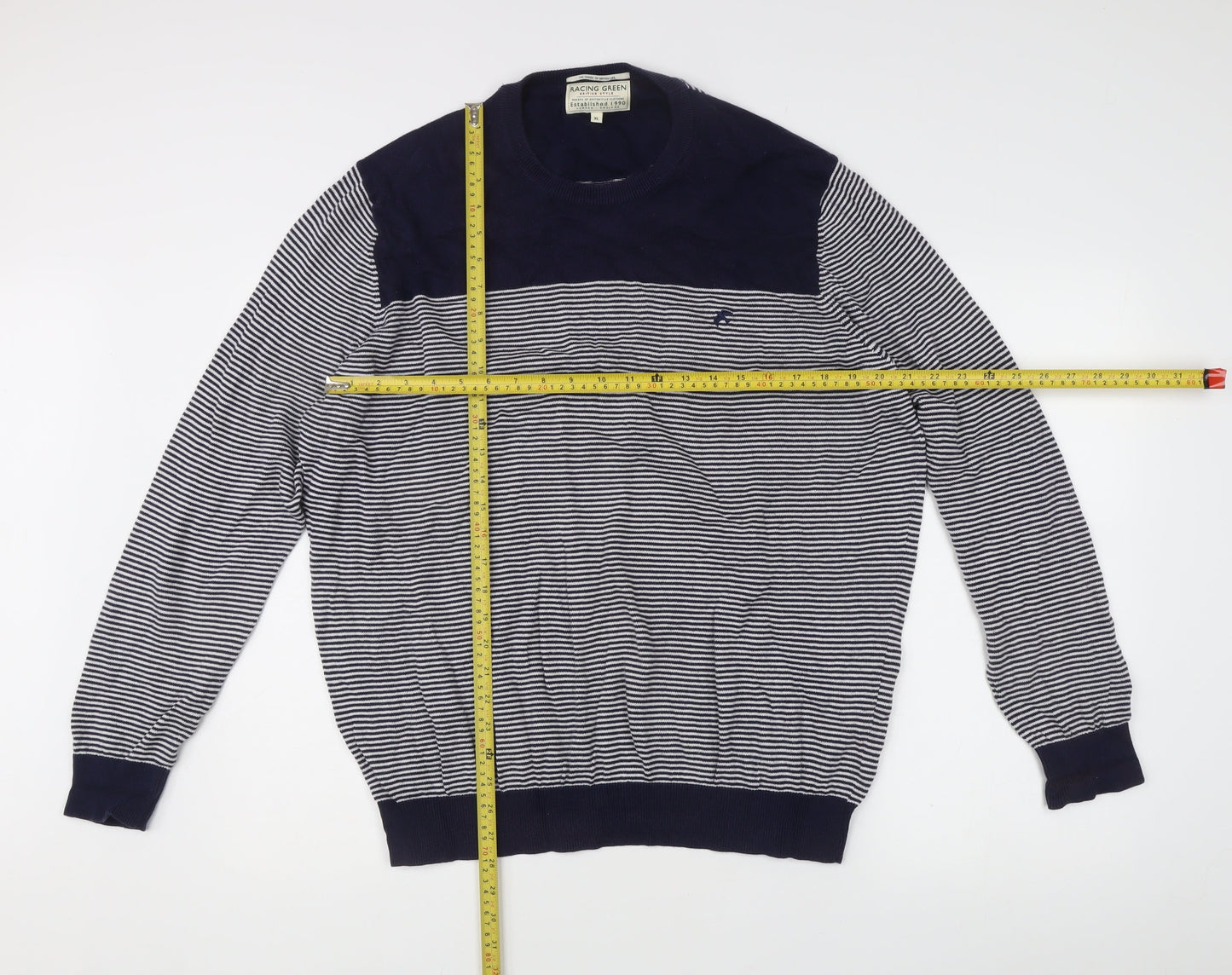 Racing Green Men's Blue Striped XL Crew Neck Cotton Knit Jumper