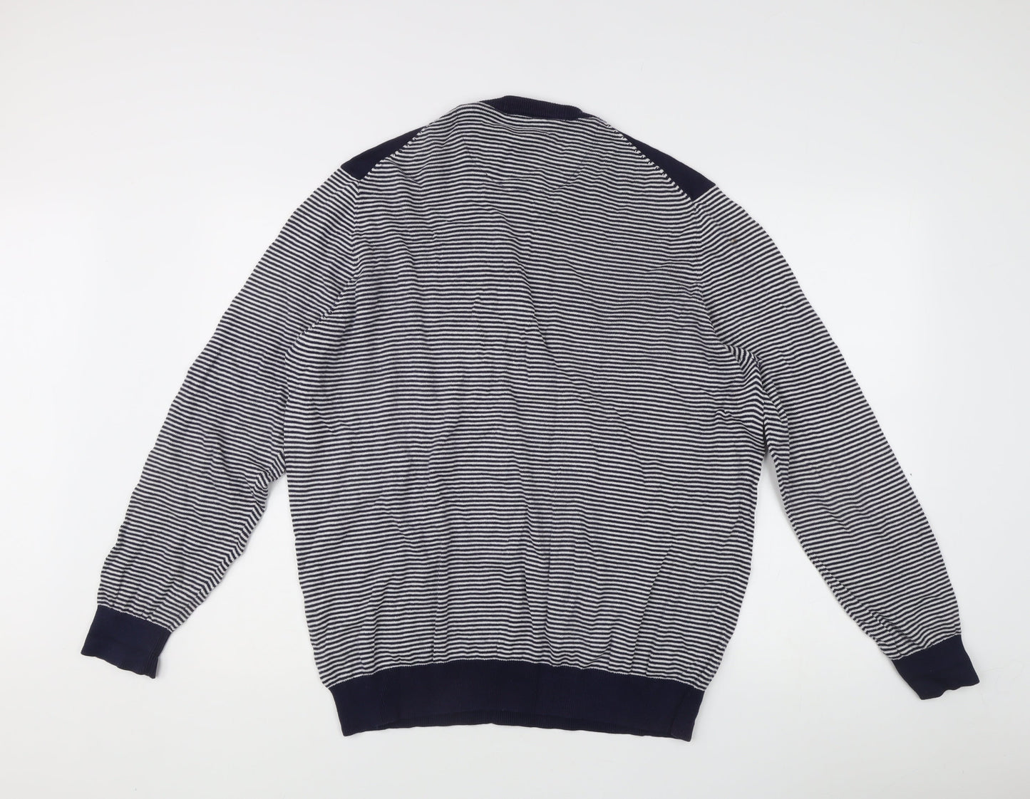 Racing Green Men's Blue Striped XL Crew Neck Cotton Knit Jumper