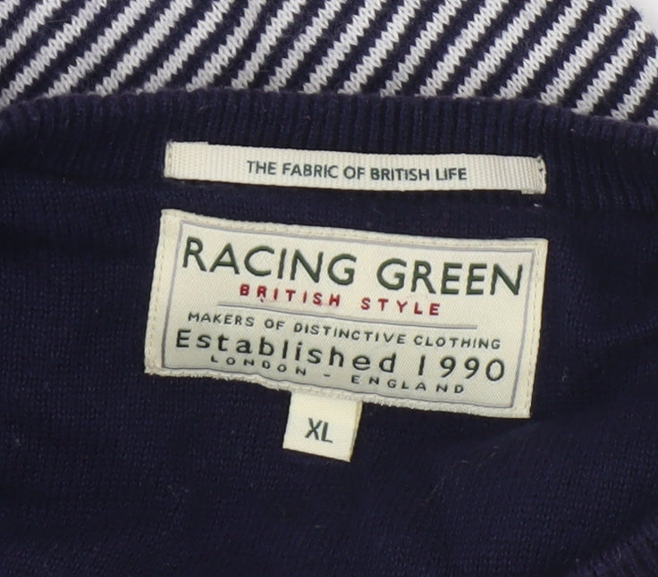 Racing Green Men's Blue Striped XL Crew Neck Cotton Knit Jumper