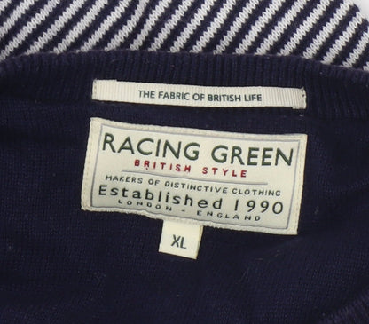 Racing Green Men's Blue Striped XL Crew Neck Cotton Knit Jumper