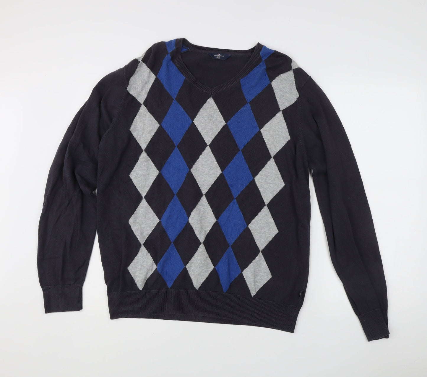 Marks & Spencer Men’s Blue Argyle V-Neck Cotton Golf Jumper M