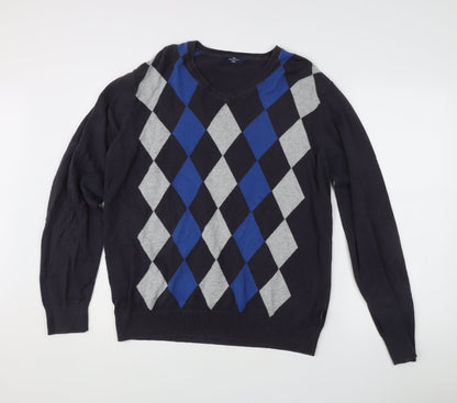 Marks & Spencer Men’s Blue Argyle V-Neck Cotton Golf Jumper M